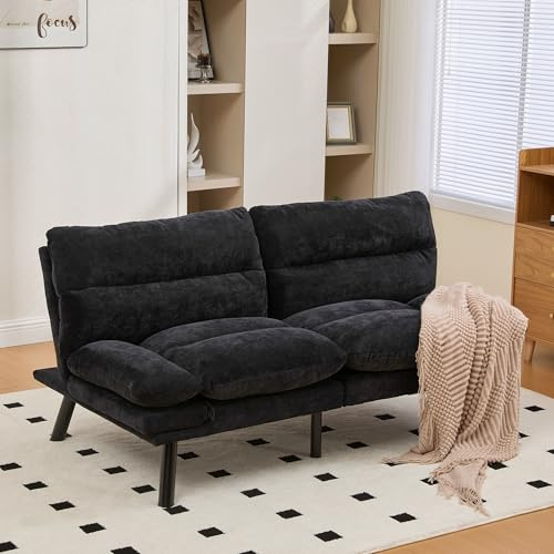 LIFEISLE Sofa 2er Sitzer Schlafsofa mit Schlaffunktion, 165CM Eckesofa mit Verstellbarer Rückenlehne und Armlehnen, Klein Couch Geeignet für Wohnzimmer Apartment, Chenille Schwarz