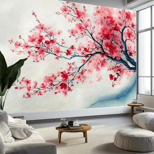 WTD - Carta da parati fotografica effetto 3D, motivo acquerello giapponese, motivo fiori di ciliegio, 300 x 210 cm (larghezza x altezza), carta da parati da parete, colore: grigio chiaro