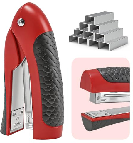 Stand-Up Stapler with 1000 Standard 1/4 Staples, Handheld Ergonomic Soft Grip Vertical Flat-Use Desktop Small Compact Stapler for Office, Home, School, Business & Classroom Supplies – Red