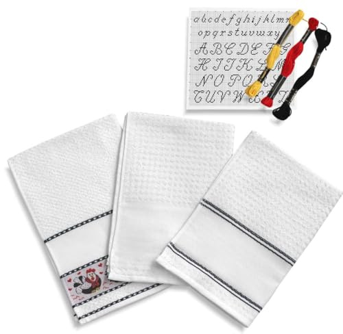 hobbymio.it 3 Pezzi di Strofinacci da Cucina da Ricamare a Punto Croce con 3 Matassine di filo e Schema Ricamo, 3 Strofinacci in spugna bianca, 3 Canovacci con Tela Aida