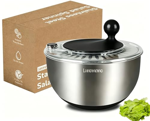 Lunememo Centrifugador de ensalada de acero inoxidable, giratorio de lechuga con drenaje, base antideslizante, botón de parada, secadora de verduras, sin BPA, 5.3 cuartos de galón, color negro