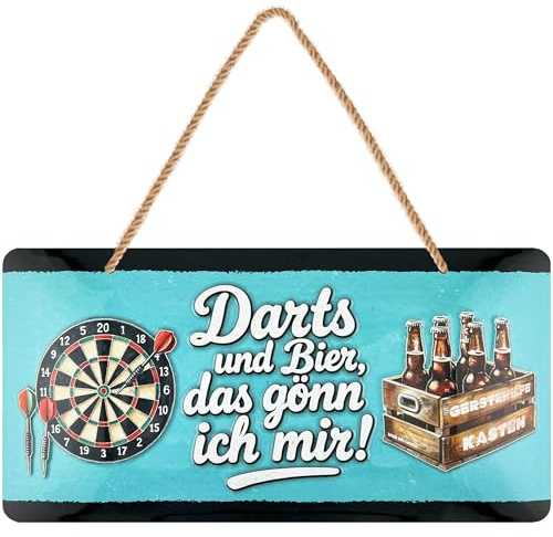 LANOLU retro Blechschild, Kordelschild Darts und Bier das gönn ich mir, lustige Dart Deko für Männerhöhle Kneipe Bar, geprägtes Metallschild mit Jutekordel, 16x32 cm