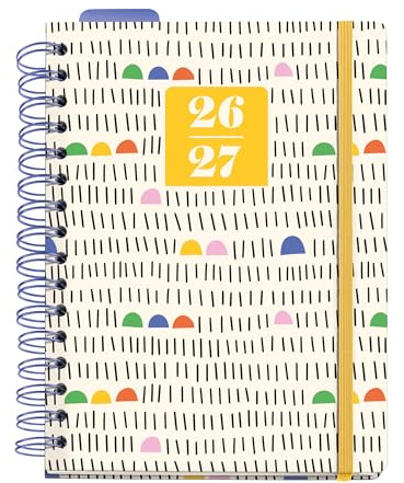 Miquelrius - Skolkalender 2026 2027 dag per sida A5+, Sunny Lines | Flerspråkig 6 språk, 100 g/m² papper, papplock, gummi, dubbla spiraler, avdelare, ficka, linjal och klistermärken