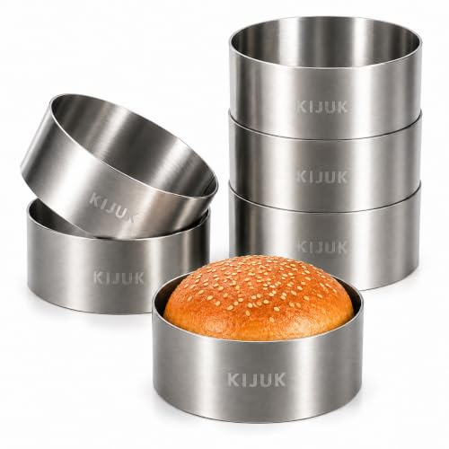 KIJUK 6 Stück Dessertringe Ø 10cm, Nahtlose Backringe für Burger Buns & Törtchen, Edelstahl Speiseringe Set, Formring für Mousse, Anrichtring für Profi-Ergebnisse, Hitzebeständig & Spülmaschinenfest