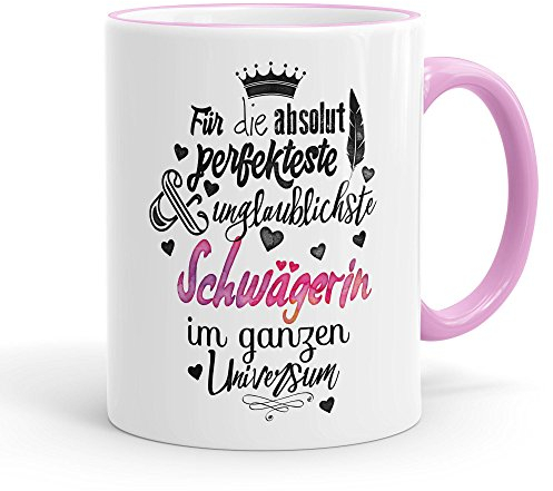 FunTasstic Keramiktasse Schwägerin rosa/weiß - weiße Keramiktasse für beste Schwägerin mit Spruch - bedruckte Kaffeetasse Schwägerin - Teetasse rosa mit Spruch - Geschenk Kaffeebecher für Schwägerin