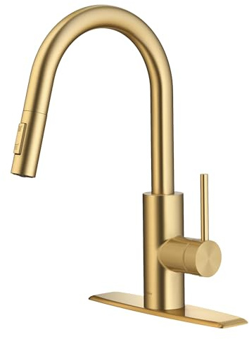 KRAUS Oletto Single Handle Pull Down Kitchen Faucet with QuickDock Top Mount Installation Assembly in Spot-Free Brushed Brass, KPF-2620BB