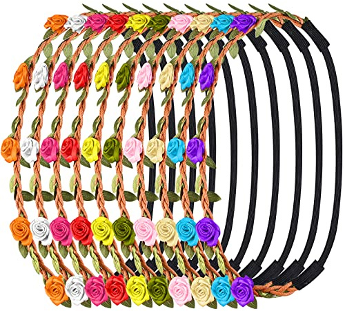 faburo 10 Pezzi Multicolore Fasce Corona di Fiori Ghirlanda con Nastro Elastico Regolabile per Donna Ragazza o Bambina per Festival Matrimonio Festa