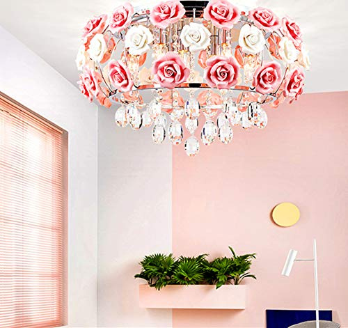 MORE CHANGE 19.5inch Crystal Ceiling Light Fixtures Flush Mount Ceramic Rose Flowers, Chandelier Pendant Lighting with 5-Light E12 Socket for Living/Dining Room Bedroom Girl Room