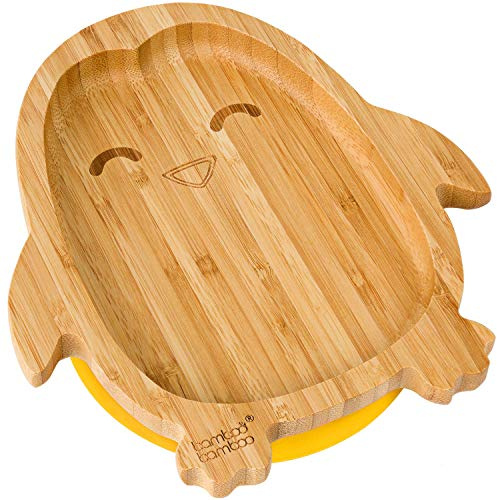 bamboo bamboo Baby Teller Kinderteller, Kindergeschirr mit Saugnapf, Sugnapf Teller Baby ab 6 Monaten (Pinguin, Gelb)