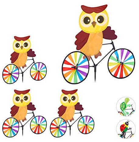 Relaxdays 4 Molinillos de Viento Búho para Terraza, Jardín y Niños, Poliéster y Plástico, Multicolor