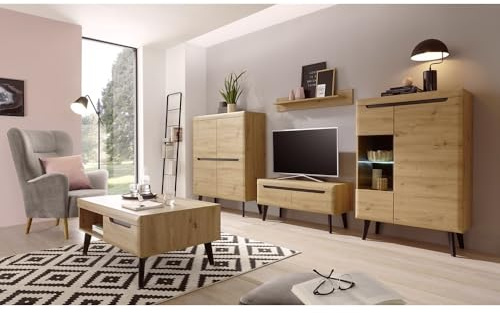 Lomadox Skandinavisches Wohnwand und Couchtisch Set, Eiche Artisan mit Schwarz, inkl. Beleuchtung, tiegezogene MDF-Fronten, Massivholzfüße