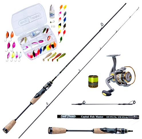 MiRoeFishing Modernes Angelset Ultralight sofort einsatzbereit ! Capital Fish Master 180cm UL-Carbonrute + Angelrolle Expert1000 fertig mit Schnur + Köderset mit Spoon I Gummifisch I Softlures