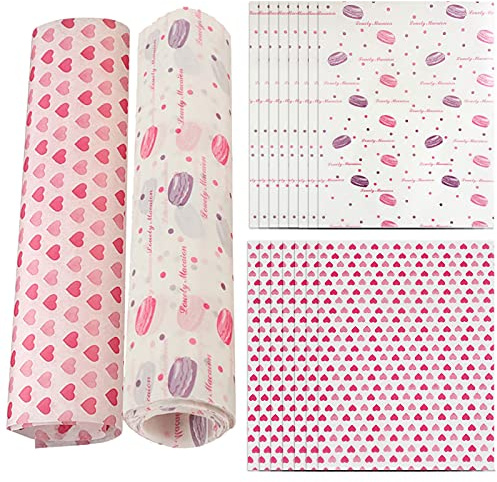 100 PCS Food Grade Wrap Paper, Heart and Macaron Patterned Waterproof Greaseproof Parchment Wax Paper Sheets Basket Food Wrapping Liners for Sandwiches Cake Baking Decoration