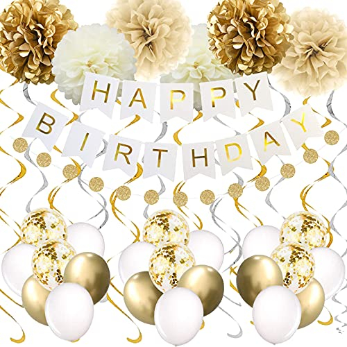 Goldene Geburtstagsfeierdekorationen, alles Gute zum Geburtstagsbanner, 16. 18. 21. 30. 40. 50. 60. 70. Gold weiße Geburtstagsdekorationen liefert Ballons