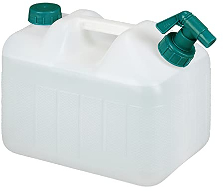 Relaxdays Wasserkanister mit Hahn, 10 Liter, Kunststoff bpa-frei, Schraubdeckel, Griff, Camping Kanister, weiß/grün