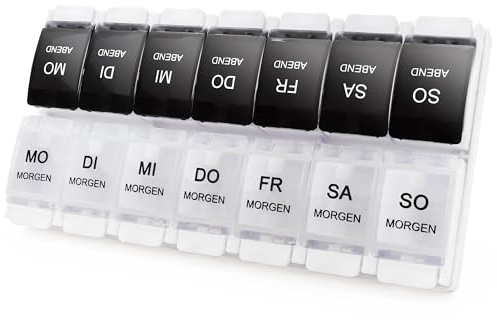 MOLN HYMY Medikamentenbox 7 Tage 2 Fächer, Pillendose Morgens Abends, Große Kapazität, BPA-frei, 14 Fächer, Druckknopf (Schwarz Weiß)