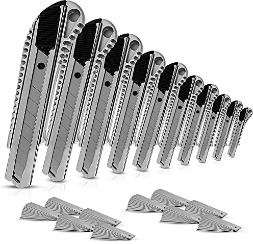 SANAWATEC 10x Cuttermesser profi 18mm + 100x Abbrechklingen Teppichmesser profi Katamesser cutter messer, aus Aluminium, Robust und Ultrascharf, inkl. 100 Klingen für Heimwerk & Gewerbe