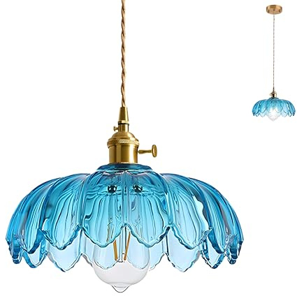 HJXDtech Vintage Glas Pendelleuchte Mit Lotus Blume Lampenschirm, Messing E27-Fassung Mit Schalter, Eleganter Glas Hängelampe für Kücheninsel,Esstisch & Wohnzimmer (Blau)