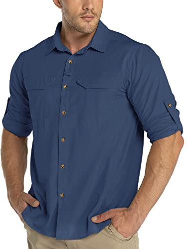 33,000ft Men's Long Sleeve Hiking Shirt Lightweight Quick Dry UV Button Shirts with Pockets Outdoor Shirts for Safari Walking Fishing Dark Blue XL