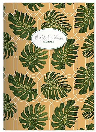 Kartenkaufrausch 8x personalisierte Klassisch elegante DIN A4 Schulheft, Rechenhefte mit tropischen Blättern in Beige Lineatur 20 (blanko)