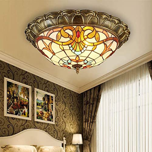 Tiffany Antique LED Living Room Lamp Vintage Pastoral Baroque Ceiling Light Bedroom Dimmable Retro Vintage Mediterranean Lights Stained Glass Shade Decorative Office Dining Room Kitchen Lamp, Ø52cm