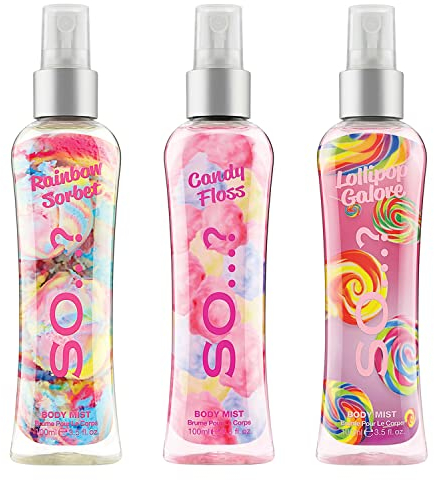 Body Mist by So…? Womens Lollipop Galore, Rainbow Sorbet, Candy Floss Body Spray Mixed Fragrance 100ml Bundle (Pack of 3)