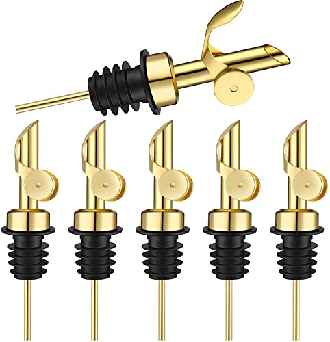 Kinlop 6 Pcs Weighted Stainless Steel Liquor Bottle Pourers Auto Flip Olive Oil Dispenser Spout Balsamic Alcohol Pourer Spouts (Gold)