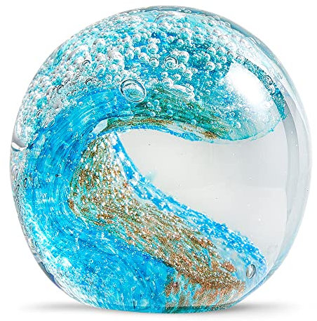 EUSTUMA Handgeblasene Glasfiguren, Kugel, Ozeanwellen, Briefbeschwerer, Glaskugel, Heimdekoration, Sammlerstück, Aquarium-Dekoration, Bürodekoration, Ozeanliebhaber