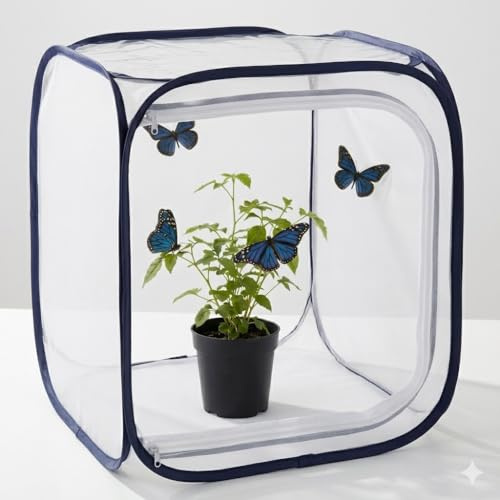ULTECHNOVO Butterfly Habitat 11.81 Inch Foldable Mesh Cage, Caterpillar Observation Net with Side Door, Portable Insect Terrarium for Science Education and Indoor Nature Study