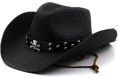 TONXX Vintage Cowboy Hat Western Style Large Metal Skull Brim Hat Straw Weaving Cowboy Hat Accessory for Summer Sunproof Black