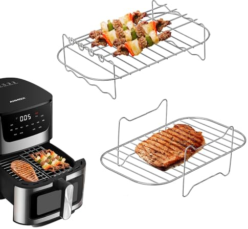2 Piezas Rejilla para Freidora de Aire 7.6L–10L, Accesorios de Acero Inoxidable 304 con 4 Brochetas, Compatible con Ninja Dual Zone AF300EU AF400EU Cecotec Ultenic y Otras Air Fryer
