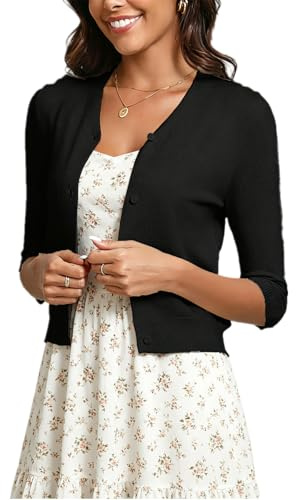Dam Cardigan 3/4 Ärmar V-ringning Axelskydd Elegant Bolero Knappstängning för Vår Sommar Höst, Svart/trekvarts ärmar, M