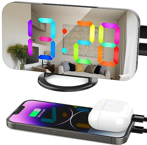 ThreeH RGB Digitaler Wecker 11 Farben, LED Spiegel Display Schwarz | Für Schlafzimmer, Für Kinder Teenager, Nachttisch Dekoration