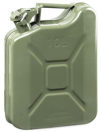 Walser Benzinkanister Metall 10 Liter, Diesel Kanister Metall UN-Zertifiziert mit Sicherheitsverschluss, Benzin Kanister, Kraftstoffkanister Metall, Benzinkanister aus Metall olivgrün 30x13x40,5 cm