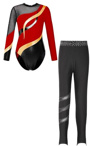 Alvivi Mädchen Turnanzug Langarm Gymnastikanzug Patchwork Ballettanzug mit Leggings Hose Trikotanzug Akrobatik Anzug Eislaufen Tanzkostüm Rot 122-128