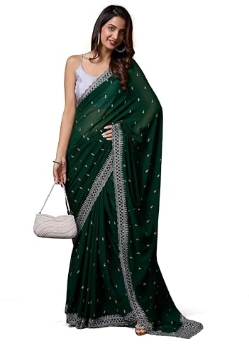 TRENDMALLS Vichitra Sari en soie brodée avec chemisier non cousu pour femme (K1090-Vert foncé), Vert foncé, taille unique