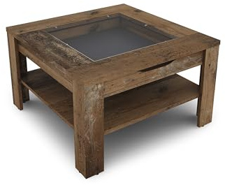 byLIVING Couchtisch Ralph, Beistelltisch viel Stauraum, B 67, H 43, T 67 cm | Sofatisch mit Glaseinlage und großzügiger Schublade in Old Wood-Optik