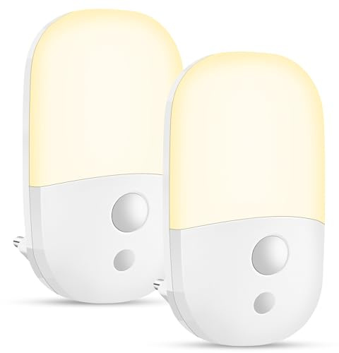 BASVII Luce Notturna con Sensore Crepuscolare, Confezione da 2 - Luce LED con 3 Modalità (Auto/On/Off), Luminosità Regolabile su 3 Livelli, Perfetta per Cameretta Bambini, Scale, Soggiorno, Cucina