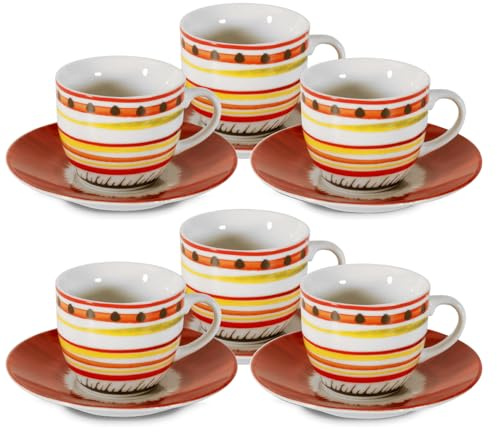 ARCA, Set 6 Tazzine da Caffè Apulia I con Piattino, Realizzate in Porcellana Decorata, Capacità 90 ml, 11x6 cm, Rosso
