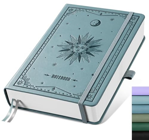 EMSHOI Notizbuch A5 Kariert Hardcover, 100g/m², 320 Seiten - Graublau | Tagebuch, 180° flach, Gummiband, Innentasche, für Schule, Büro, 14,5 x 21 cm