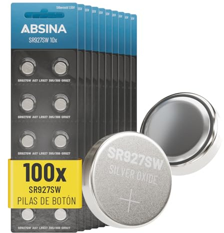 ABSINA 100x Pile SR927SW Bouton pour Montre 1,55V oxyde d'argent - Pile SR927W pour Montre 395/399 / AG7 / LR927 - Piles SR927W étanche et Longue durée