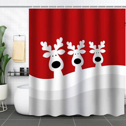 Inshere Joyeux Noël Rideaux de douche pour salle de bain Vacances Nouvel An Décoration Ensemble avec 12 crochets, adorable rideau de douche renne 180 x 180 cm Tissu imperméable