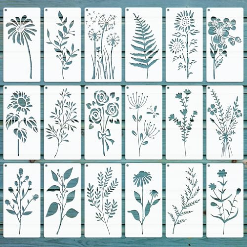 EAPIKON 18stk Blätter Blumen Schablone Malen, 20x10cm Wiederverwendbar Zeichenschablonen für Acryl-Malerei Art Deko, Blatt Brandmalerei Vorlagen für Holz Wände Leinwand Möbel DIY-Bastelprojekte