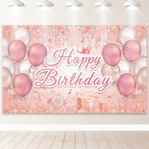 PartyYaa Striscione con scritta Happy Birthday, decorazione per sfondo di compleanno, extra large, per feste e cabine fotografiche, per donne e ragazze (bianco e rosa)