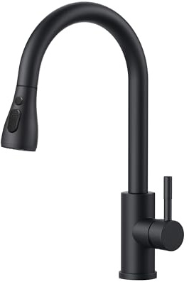 FORIOUS Kitchen Tap, Kitchen Mixer Taps with Pull Out Sprayer, Swivel Single Handle High Arc Pull Down Stainless Steel Sink Faucet, Matte Black