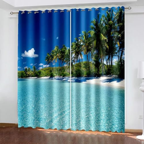 Bishilin Gardinen mit Ösen Blickdicht 2er Set 132x274CM, Vorhänge Landschaft Strand Kokospalmen Verdunklungsvorhänge Jugendzimmer Kinderzimmer