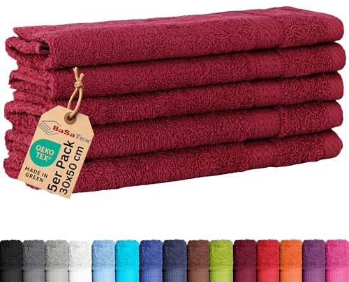 BaSaTex 5-pack frotté gästhanddukar set 30 x 50 – gästhandduk av 100 % bomull tillverkad i grönt – färg: Bordeaux