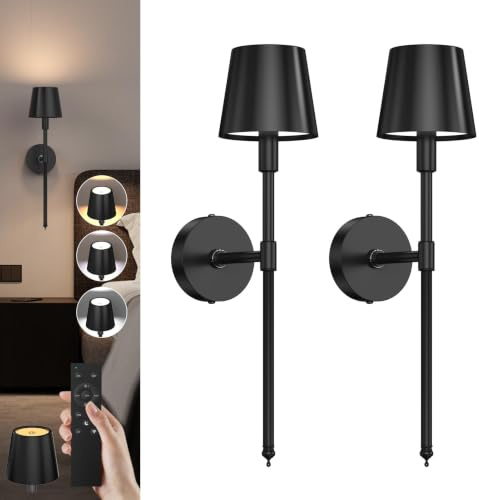LEMIKKLE Wireless Wall Sconces Set of 2, 10000mAH, Can Last 24H-48H, Rechargeable Wall Lights with Dimmable 3 Colors, Wireless Wall Lights Suitable for Bedroom, Living Room and Bathroom