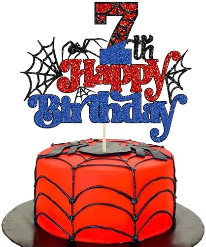 Gyufise 1Pcs Spider Happy 7th Birthday Cake Topper Red Blue Glitter Baby Shower Party Cake Decoration for Spider Themed Birthday Anniversary Party Supplies