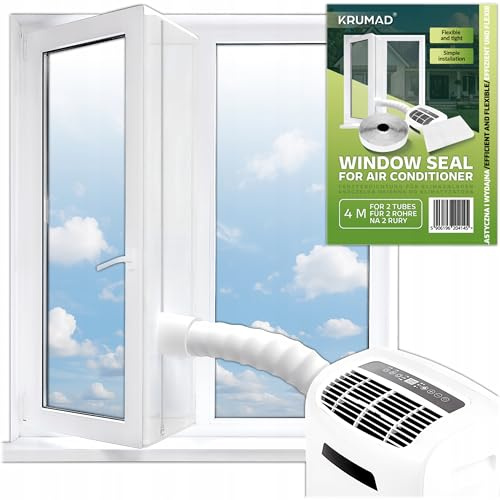KRUMAD Klimaanlage Fensterabdichtung, Mobiles Klimagerät, Fensterkit | 4 m, für 1, 2 Abluftschläuche, Selbstklebend, Klimageräte mit Abluftschlauch, Weiß, 10 m Selbstklebend, 2 Reißverschlüsse